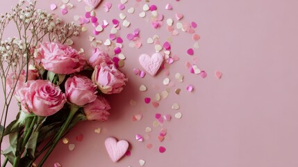pink rose bouquet and heart confetti 