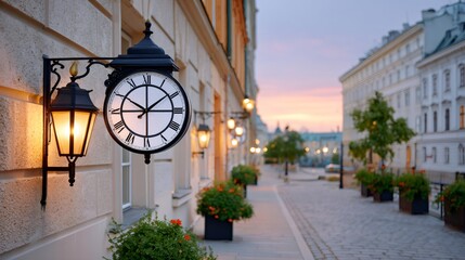 Classic street clock and lantern at dusk