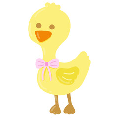 A cartoon duck with a pink bow around its neck