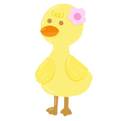 A cartoon duck with a pink flower on its head