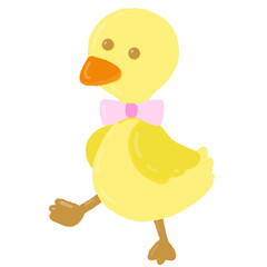 A cartoon duck wearing a pink bow tie is walking