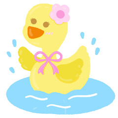 A cute yellow duck with a pink bow on its neck is swimming in a pond