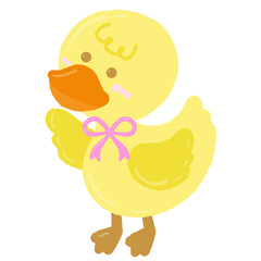 A cute yellow duck with a pink bow around its neck