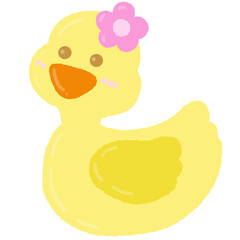 A yellow duck with a pink flower on its head