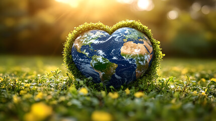 Heart-shaped earth surrounded by green grass and flowers in sunlight shows the importance of nature and care for the planet
