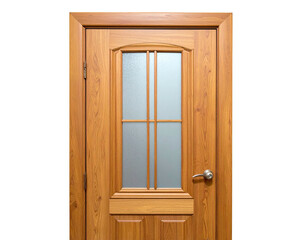 A wooden interior door with a frosted glass panel and a silver handle