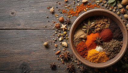 Colorful Spices and Herbs in Rustic Wooden Bowl