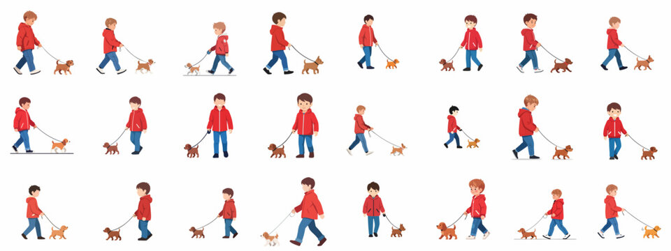 Collection of flat vector illustrations depicting young boys walking small puppies on leashes, showing various actions like walking, standing, and running.