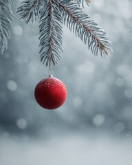 Vibrant Red Christmas Ball Ornament on Frosted Blue Spruce Branch with Gentle Snowfall and Festive Bokeh Background