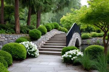 Landscaped garden with stone path, bridge, and green shrubs