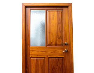 A detailed image of a wooden door with frosted glass and a brass handle