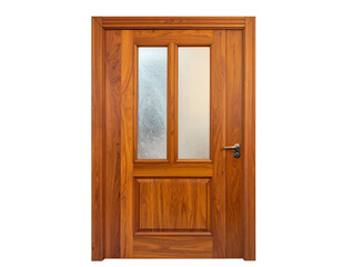Sturdy wooden door with frosted glass panels, handle, and intricate frame design