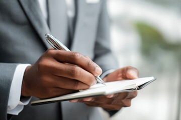 Young Indian businessman manager drafting strategy in a modern office setting during daytime in a formal suit while using a pen and notebook for effective planning
