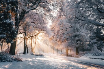 Sunlit Winter Wonderland Snow-Covered Trees and Golden Rays on a Tranquil Path.
