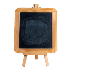A small, wooden chalkboard on a tiny easel, on a black background