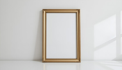 Empty Gold Frame Hanging on White Wall Mockup