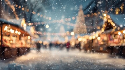 Enchanting Winter Christmas Market Background with Golden Bokeh Lights, Falling Snow, and Blurred Festive Atmosphere.