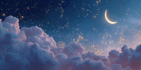 Enchanting Crescent Moon and Starry Night Sky with Dreamy Clouds at Dusk.