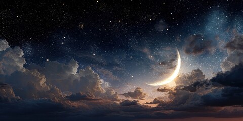 Dramatic Cosmic Night Sky with Glowing Crescent Moon, Billowing Clouds, and Twinkling Stars.