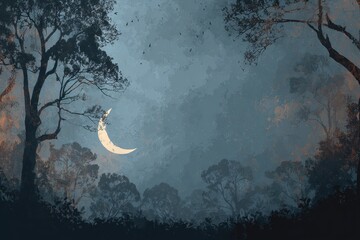 Ethereal Crescent Moon Amidst Silhouetted Trees and Flying Birds at Twilight - Moody Atmospheric Landscape.