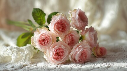 Soft pink rose bouquet on a white lace tablecloth