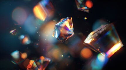 Abstract Sparkling Diamond Crystals with Colorful Light Refractions and Bokeh Effect on Dark Background.