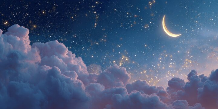 Enchanting Crescent Moon and Starry Night Sky with Dreamy Clouds at Dusk.