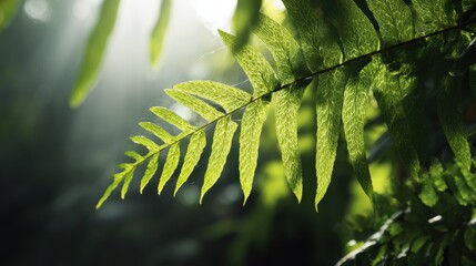 Sunlit Fern Leaf with Intricate Veins and Delicate Spiderweb Threads in Lush Green Forest Backdrop.