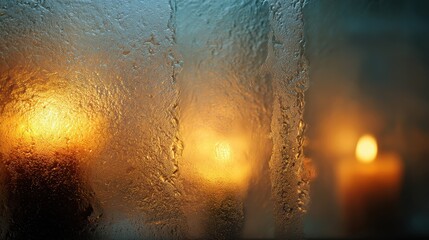 Cozy Winter Evening Warm Golden Candlelight Blurring Through Textured Frosted Window Glass