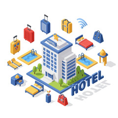 Fototapeta premium Isometric Hotel Illustration with Amenities and Luggage.
