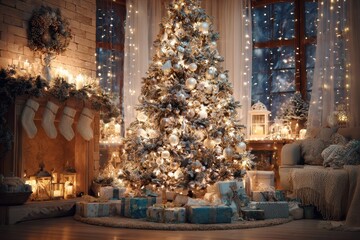 Cozy Christmas Eve Fireside Scene with Decorated Tree, Presents, and Stockings by the Fireplace.