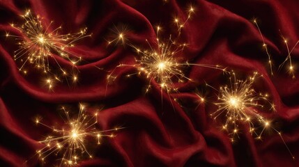 Dazzling Golden Sparklers and Glowing Lights on Luxurious Red Velvet Fabric Background - Festive Holiday Season and New Year's Celebration Backdrop.