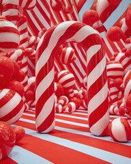 Festive Red and White Candy Cane Archway with Spheres and Stripes Backdrop.