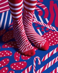 Festive Red & White Striped Socks and Candy Cane Pattern on Blue Background.