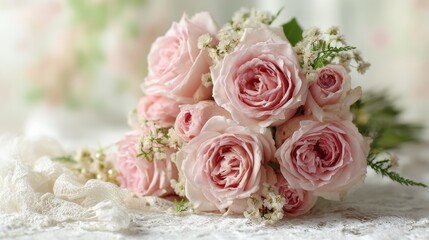 Soft pink rose bouquet on a white lace tablecloth
