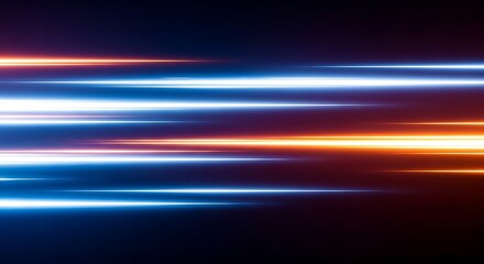 Abstract streaks of blue and orange light trails moving fast in the dark, representing speed, technology, and motion