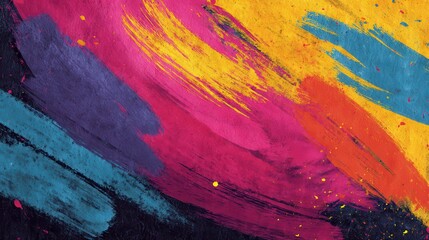 Vibrant Abstract Paint Splatter and Brushstroke Texture Background with Diagonal Color Bands - Yellow, Pink, Blue, Orange, Purple.