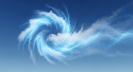 Abstract swirling vortex of blue light particles and clouds in a clear blue sky