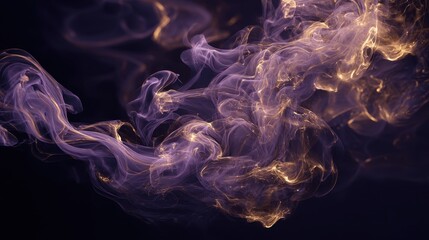 Ethereal Purple and Gold Smoke Swirls on Dark Background Abstract Flowing Texture and Light Trails.