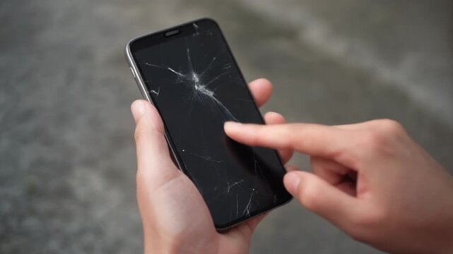 Person holding a damaged smartphone with cracked screen outdoors.