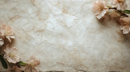 Elegant Vintage Textured Paper Background with Delicate Pink Almond Blossoms and Copy Space.