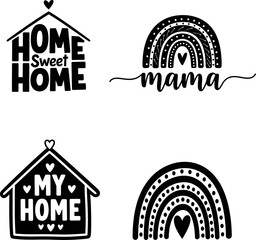 Set of four black and white home and rainbow themed illustrations