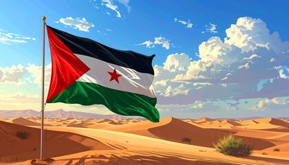 Digital art depicts a country's flag waving atop a pole against a vast desert landscape with sand dunes and a cloudy sky