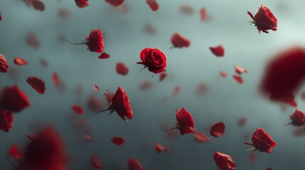 Red roses falling slowly in the air