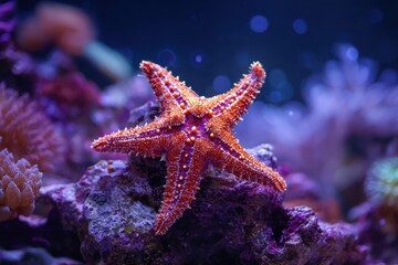 Colorful Fromia seastar resting on coral in a vibrant reef aquarium near lush marine life and dazzling underwater plants