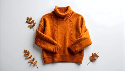 Bright orange cable-knit turtleneck sweater with fall leaves on a white background