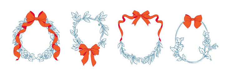 Flowers floral frame with bow and ribbon set, Whimsical drawing wreaths and branches with leaves, element for invitations, greeting cards, scrapbooking, sticker, decorative etc.