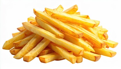 Heap of golden, crispy, fried potato sticks, isolated on white