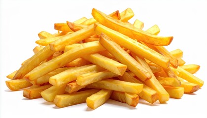 Heap of golden-brown, crispy fried potatoes against a bright white backdrop
