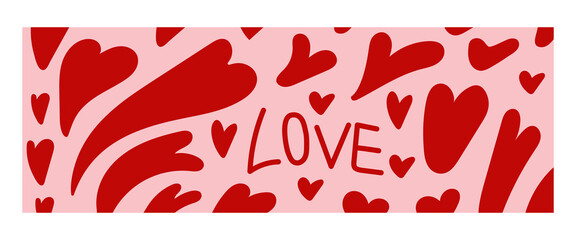 Hand Drawn Hearts Background with Love Typography in Minimalist Doodle Style on Pink Background.